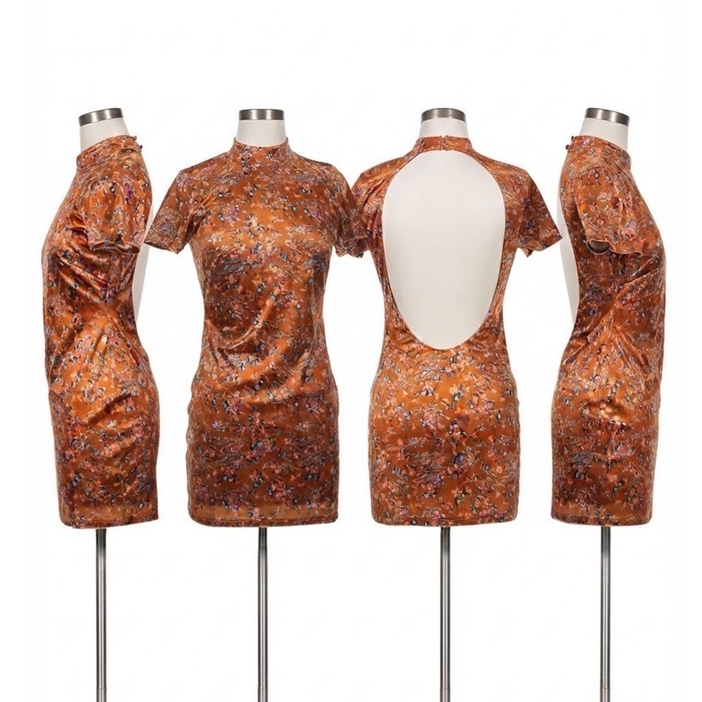 Savage X Fenty Orange Floral Velvet Open Back Mock Neck Mini Dress XL Coquette
